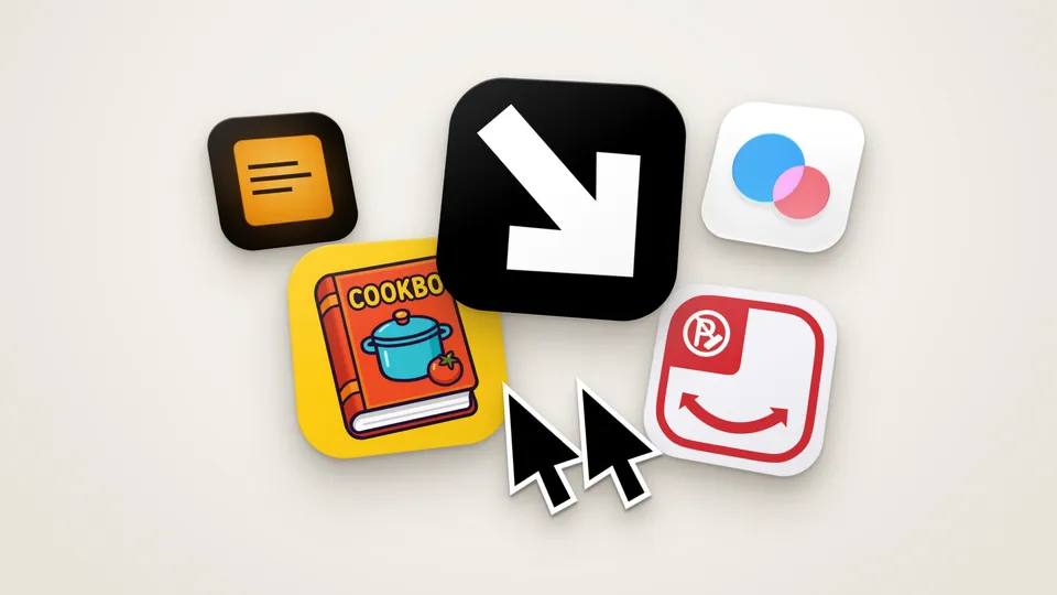 App icons for Now Departing, Cookbo, PointerPals, Evening Reader, Audio Bubble and NYC Parking, floating on an off-white background