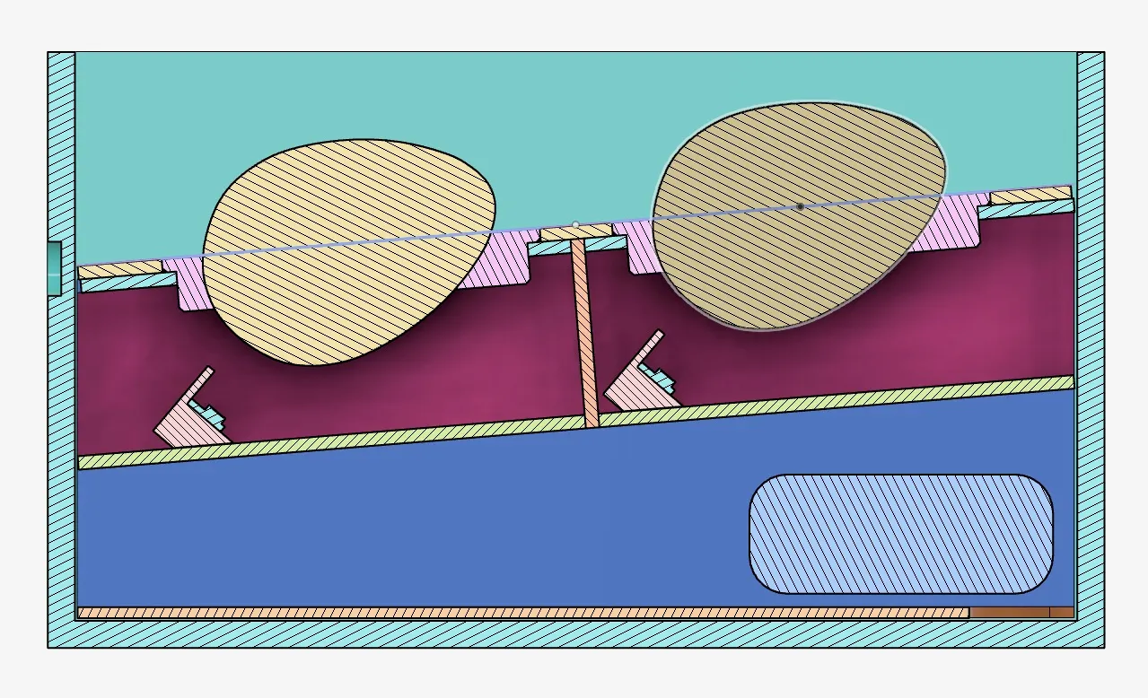 cross section of enclosure showing lighting angle, eggs, and battery placement