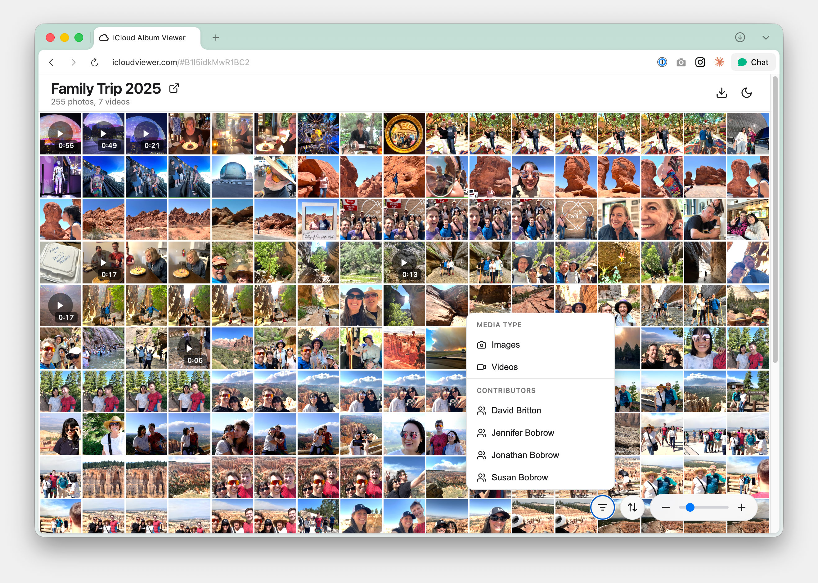 screenshot of iCloud Viewer showing Family Trip 2025
